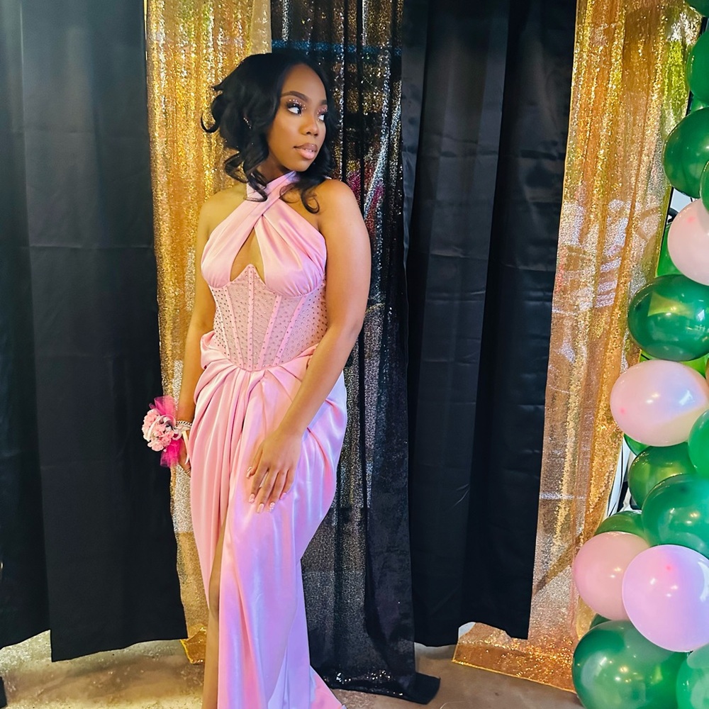 Miss Circle Pink Crystal Corset Satin Gown